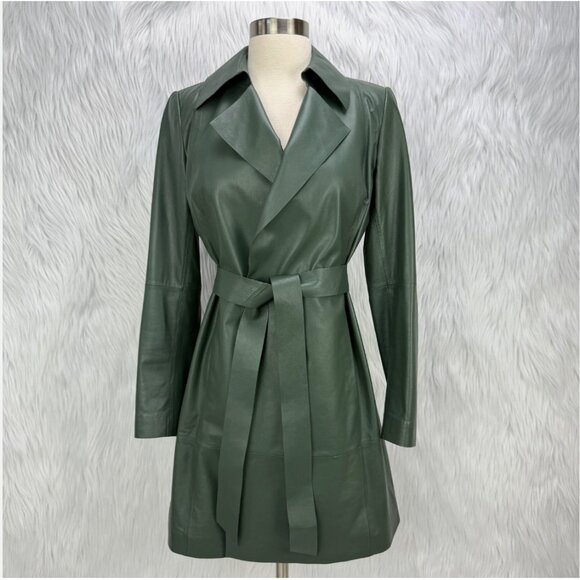 Lafayette 148 New York Jackets & Blazers - Lafayette 148 Olive Green Leather Trench Coat Jacket Lightweight Quiet Luxury